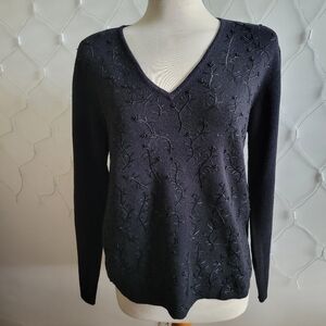 Vintage Jones New York Pullover V-Neck Beaded Black Sweater • Size Medium